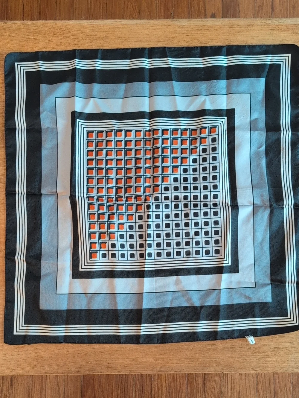 Vintage 1970's Geometric Pattern Silk Scarf in Black, White, Silver & Orange